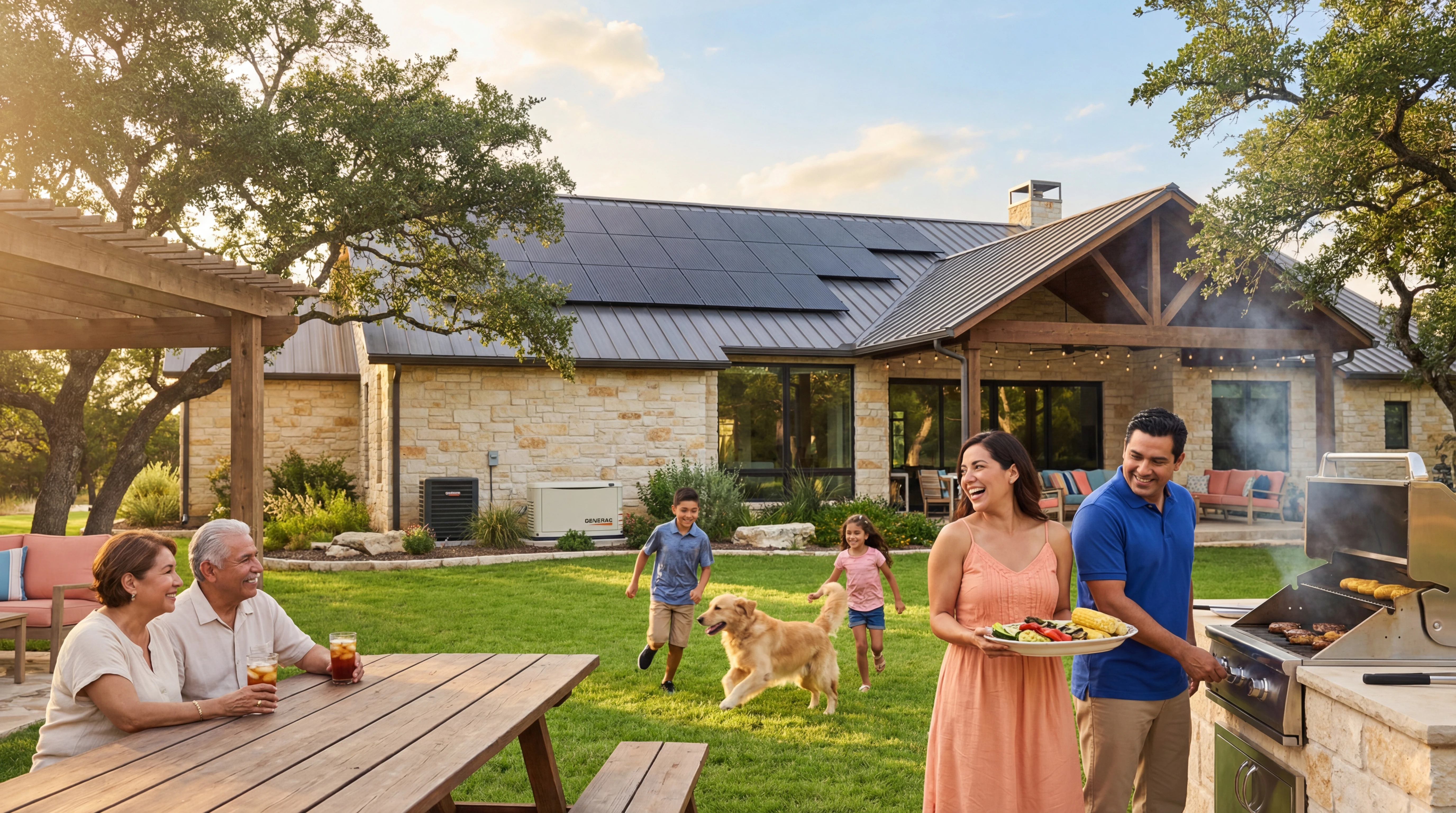 Multi-generational family enjoying their solar-powered Texas home